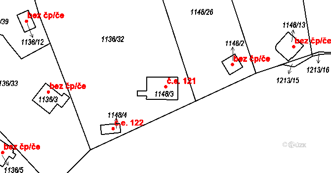 Bystřany 121 na parcele st. 1148/3 v KÚ Bystřany, Katastrální mapa
