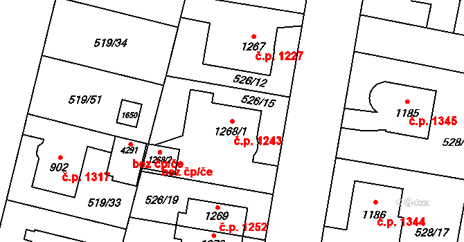 Vítkovice 1243, Ostrava na parcele st. 1268/1 v KÚ Zábřeh-VŽ, Katastrální mapa