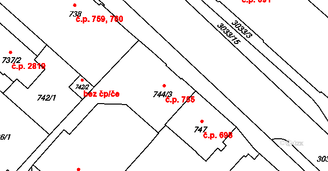Předměstí 755, Opava na parcele st. 744/3 v KÚ Opava-Předměstí, Katastrální mapa
