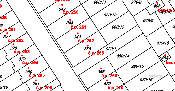 Hostěrádky-Rešov 263 na parcele st. 350 v KÚ Hostěrádky, Katastrální mapa