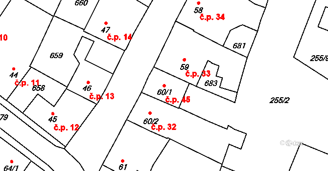 Vilémov 45, Humpolec na parcele st. 60/1 v KÚ Vilémov u Humpolce, Katastrální mapa