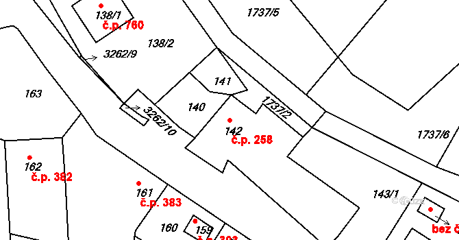 Kamenice nad Lipou 258 na parcele st. 142 v KÚ Kamenice nad Lipou, Katastrální mapa