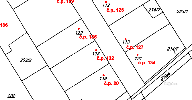 Hřivčice 132, Peruc na parcele st. 118 v KÚ Hřivčice, Katastrální mapa