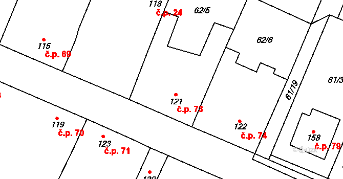 Zemětice 73 na parcele st. 121 v KÚ Zemětice, Katastrální mapa