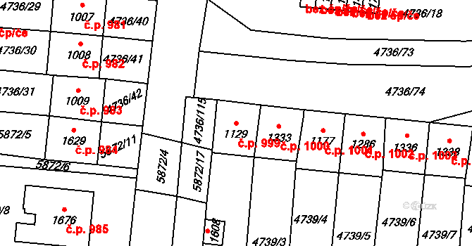 Hrušovany nad Jevišovkou 999 na parcele st. 1129 v KÚ Hrušovany nad Jevišovkou, Katastrální mapa