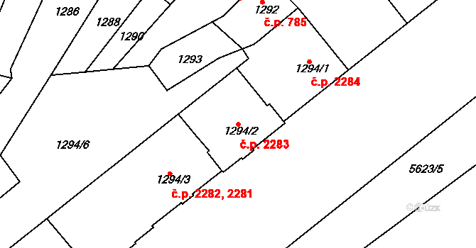 Znojmo 2283 na parcele st. 1294/2 v KÚ Znojmo-město, Katastrální mapa