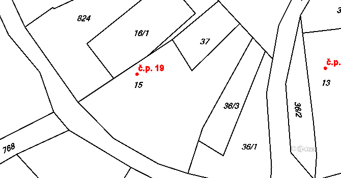 Pěkovice 19, Teplá na parcele st. 15 v KÚ Pěkovice, Katastrální mapa