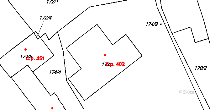Telnice 402 na parcele st. 173 v KÚ Telnice u Brna, Katastrální mapa