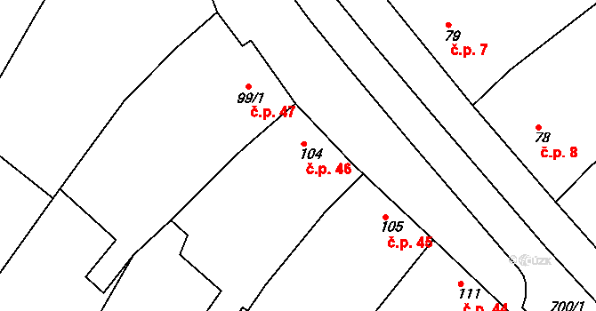 Skoronice 46 na parcele st. 104 v KÚ Skoronice, Katastrální mapa