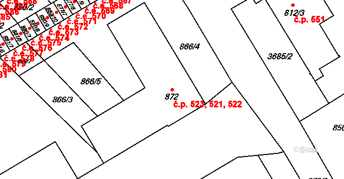 Vyškov-Předměstí 521,522,523, Vyškov na parcele st. 872 v KÚ Vyškov, Katastrální mapa