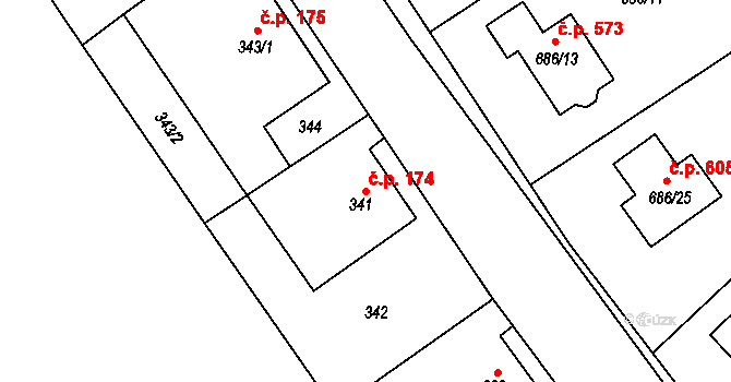 Krmelín 174 na parcele st. 341 v KÚ Krmelín, Katastrální mapa