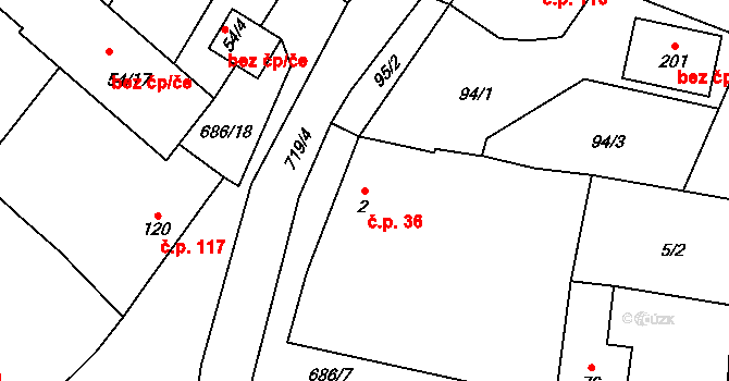 Libodřice 36 na parcele st. 2 v KÚ Libodřice, Katastrální mapa