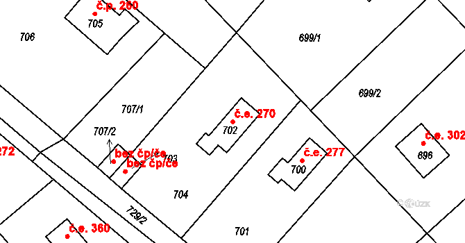 Hlásná Třebaň 270 na parcele st. 702 v KÚ Hlásná Třebaň, Katastrální mapa