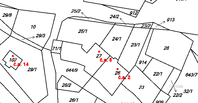 Kořen 5, Olbramov na parcele st. 27 v KÚ Kořen, Katastrální mapa
