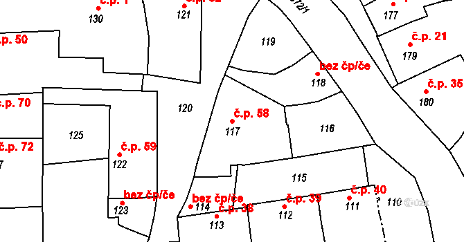 Medlov 58, Zborovice na parcele st. 117 v KÚ Medlov u Zborovic, Katastrální mapa