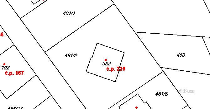Broumy 236 na parcele st. 332 v KÚ Broumy, Katastrální mapa