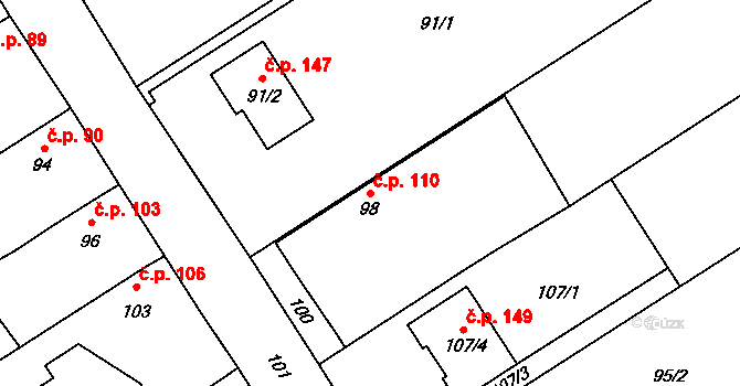 Žerotín 110 na parcele st. 98 v KÚ Žerotín, Katastrální mapa