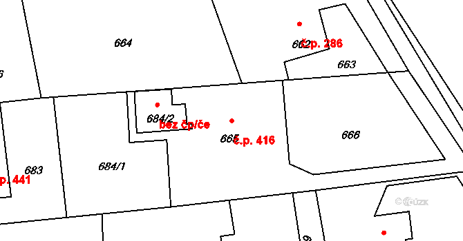 Lutyně 416, Orlová na parcele st. 665 v KÚ Horní Lutyně, Katastrální mapa