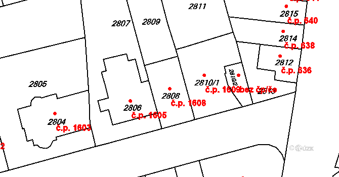 Černá Pole 1608, Brno na parcele st. 2808 v KÚ Černá Pole, Katastrální mapa
