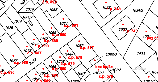 Pelhřimov 577 na parcele st. 1062 v KÚ Pelhřimov, Katastrální mapa