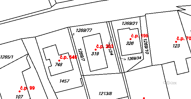 Vysoká nad Labem 203 na parcele st. 319 v KÚ Vysoká nad Labem, Katastrální mapa