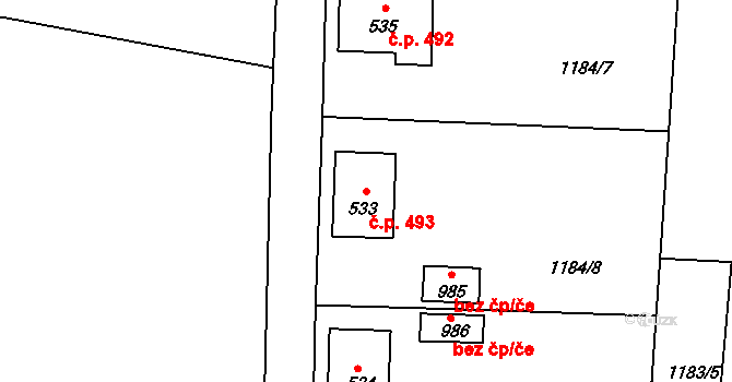 Rtyně v Podkrkonoší 493 na parcele st. 533 v KÚ Rtyně v Podkrkonoší, Katastrální mapa