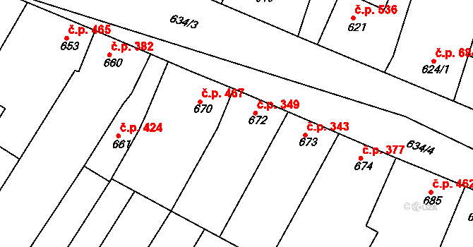 Blučina 349 na parcele st. 672 v KÚ Blučina, Katastrální mapa