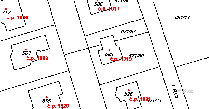 Hlubočinka 1019, Sulice na parcele st. 593 v KÚ Sulice, Katastrální mapa