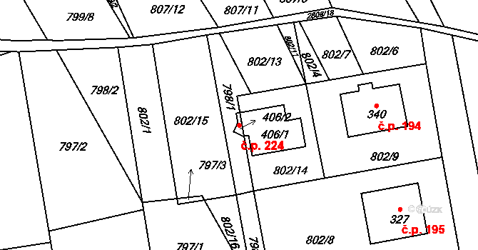 Sehradice 224 na parcele st. 406/1 v KÚ Sehradice, Katastrální mapa
