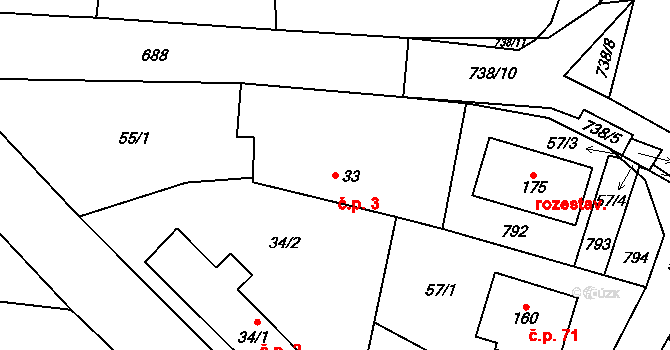 Milovice u Hořic 3 na parcele st. 33 v KÚ Milovice u Hořic, Katastrální mapa