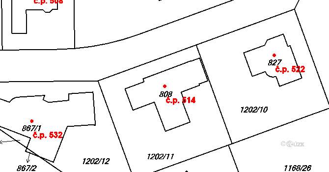 Kudlov 514, Zlín na parcele st. 808 v KÚ Kudlov, Katastrální mapa