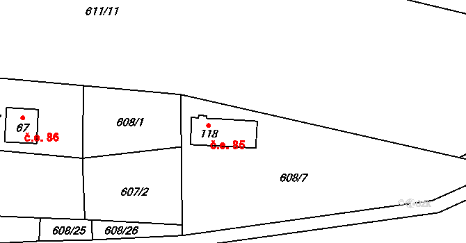 Sokolí 85, Třebíč na parcele st. 118 v KÚ Sokolí, Katastrální mapa