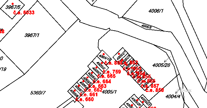 Znojmo 851 na parcele st. 4005/15 v KÚ Znojmo-město, Katastrální mapa