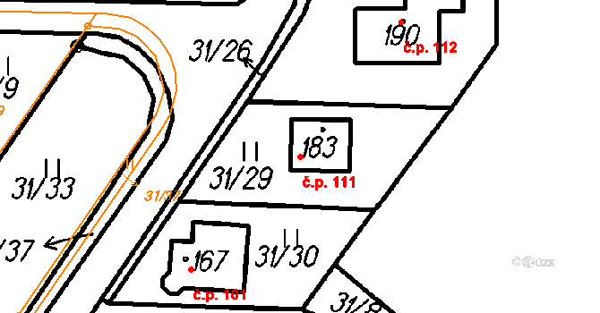 Šumavské Hoštice 111 na parcele st. 183 v KÚ Šumavské Hoštice, Katastrální mapa