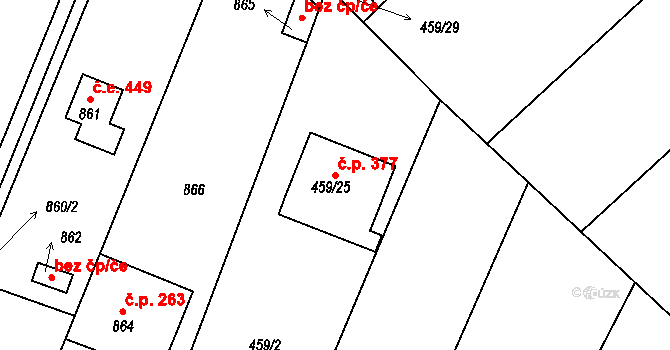 Hlásná Třebaň 377 na parcele st. 459/25 v KÚ Hlásná Třebaň, Katastrální mapa
