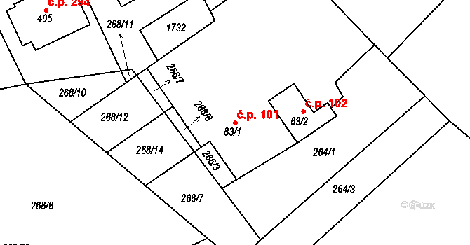 Rosice 101 na parcele st. 83/1 v KÚ Rosice u Chrasti, Katastrální mapa