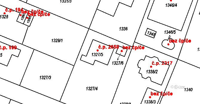 Újezd nad Lesy 2658, Praha na parcele st. 1327/5 v KÚ Újezd nad Lesy, Katastrální mapa