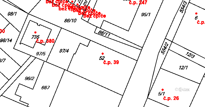 Trnová 39, Pardubice na parcele st. 52 v KÚ Trnová, Katastrální mapa