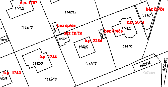 Modřany 2284, Praha na parcele st. 1142/9 v KÚ Modřany, Katastrální mapa