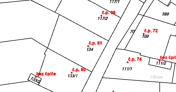 Kurovice 81 na parcele st. 134 v KÚ Kurovice, Katastrální mapa