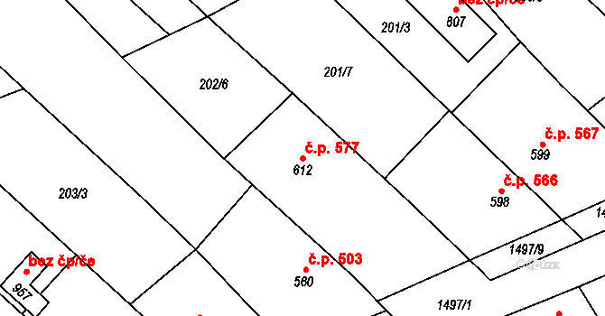 Kvasice 577 na parcele st. 612 v KÚ Kvasice, Katastrální mapa