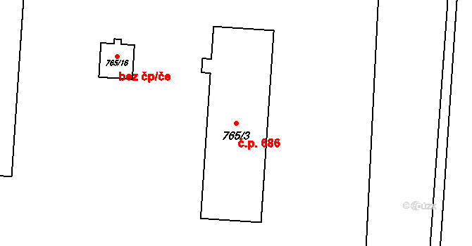 Hrušovany nad Jevišovkou 686 na parcele st. 765/3 v KÚ Hrušovany nad Jevišovkou, Katastrální mapa