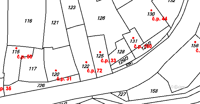 Přerov XIII-Penčice 33, Přerov na parcele st. 125 v KÚ Penčičky, Katastrální mapa