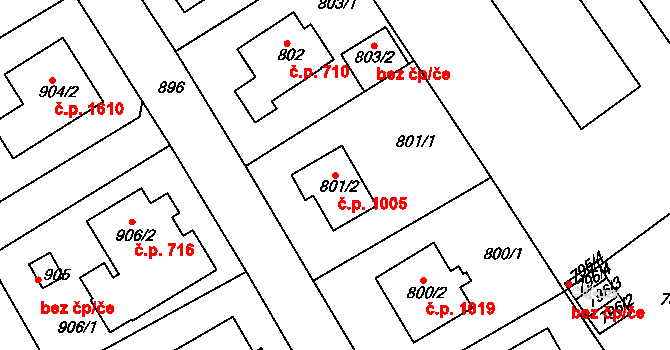 Roztoky 1005 na parcele st. 801/2 v KÚ Roztoky u Prahy, Katastrální mapa