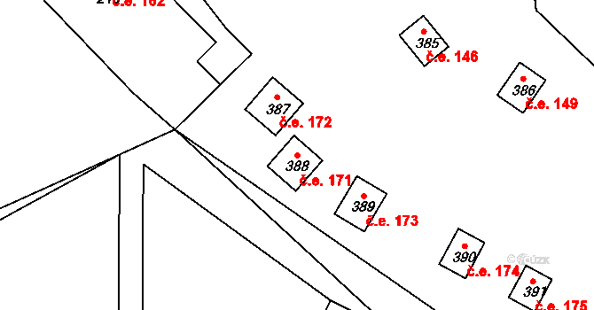 Maxov 171, Radvanec na parcele st. 388 v KÚ Radvanec, Katastrální mapa