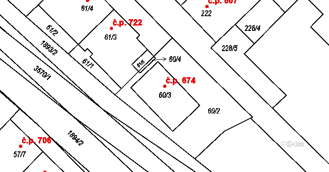 Šardice 674 na parcele st. 60/3 v KÚ Šardice, Katastrální mapa