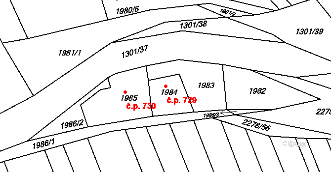 Slavíkovice 729, Rousínov na parcele st. 1984 v KÚ Rousínov u Vyškova, Katastrální mapa
