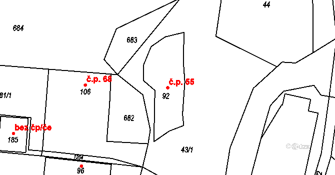 Keblov 55 na parcele st. 92 v KÚ Keblov, Katastrální mapa