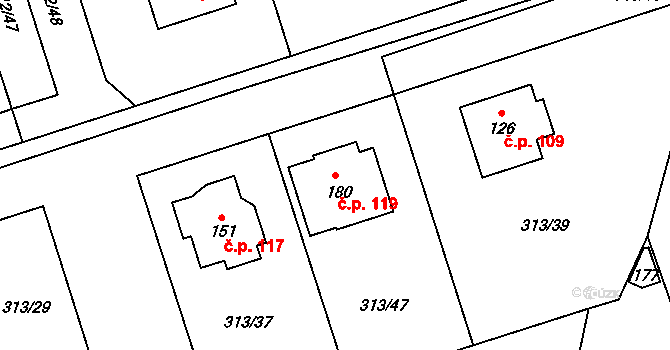 Hradišťko I 119, Veltruby na parcele st. 180 v KÚ Hradišťko I, Katastrální mapa