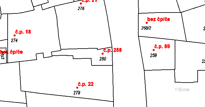 Mochov 258 na parcele st. 280 v KÚ Mochov, Katastrální mapa